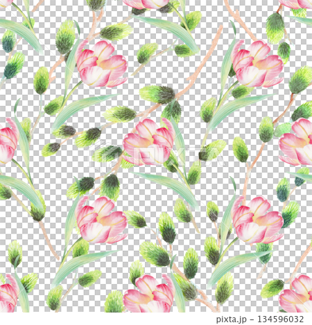 Seamless pattern of tulips and willows branches. Watercolor illustration. For fabric, wallpaper, packing paper, greeting cards, design, decoration and illustration. 134596032