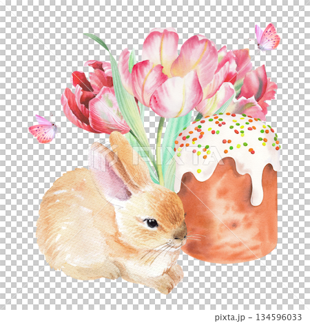 Composition of rabbit, easter cake, tulips and butterflies. Watercolor illustration. For fabric, wallpaper, packing paper, greeting cards, design, decoration and illustration. 134596033