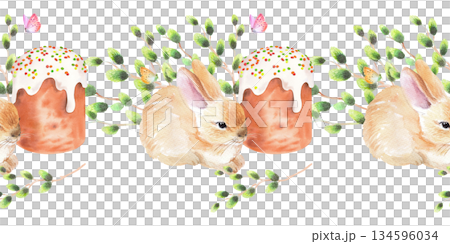 Seamless border of rabbit, easter cake, willows and butterflies. Watercolor illustration. For fabric, wallpaper, packing paper, greeting cards, design, decoration and illustration. 134596034