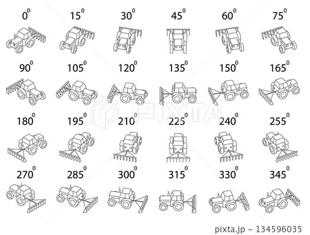 A line art set of 24 stylized tractors with a simple farming attachment, shown in isometric view and rotated from multiple angles. 134596035
