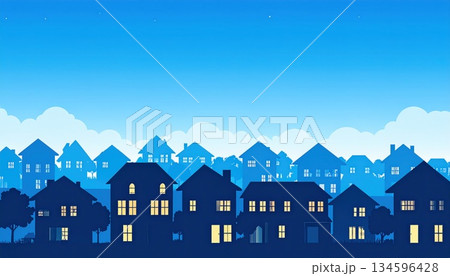 《AI画像》青空と住宅街のシルエット 134596428