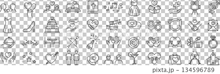 Vector monochrome wedding line icon set 134596789