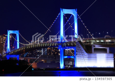 東京都 ゆりかもめ 台場駅から見るライトアップされたレインボーブリッジ 134597305