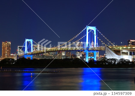 東京都 ゆりかもめ 台場駅から見るライトアップされたレインボーブリッジ 東京都 ゆりかもめ 台場駅から見るライトアップされたレインボーブリッジ 134597309