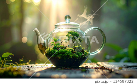 ガラスのティーポットに広がる小さな森 自然と癒しのファンタジーイメージ 134597322