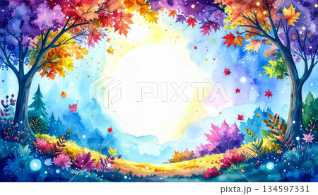 秋の森に舞う紅葉と光の粒　中央に丸い余白のある幻想的ファンタジーフレーム背景 134597331