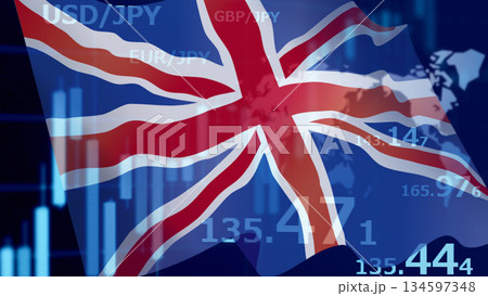 ビジネスイメージ ファイナンシャルグラフとイギリス国旗 ビジネスイメージ ファイナンシャルグラフとイギリス国旗 134597348