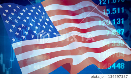 ビジネスイメージ ファイナンシャルグラフとアメリカ国旗 ビジネスイメージ ファイナンシャルグラフとアメリカ国旗 134597387