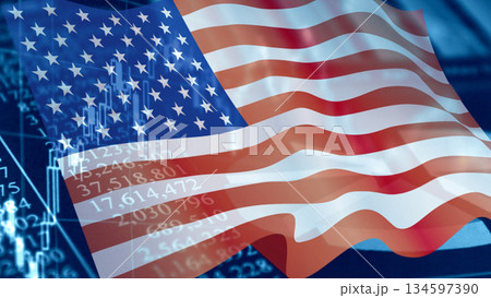 ビジネスイメージ ファイナンシャルグラフとアメリカ国旗 ビジネスイメージ ファイナンシャルグラフとアメリカ国旗 134597390
