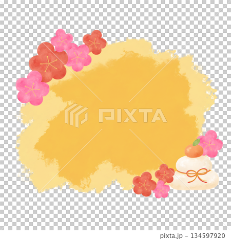 New Year watercolor speech bubble yellow frame decoration rice cake plum pine New Year design material 134597920