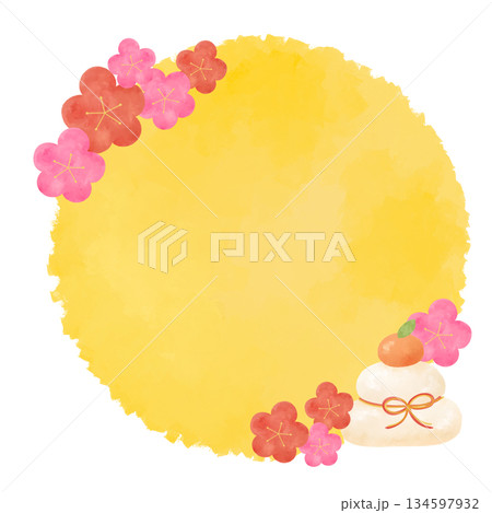 正月 水彩吹き出し 黄色 フレーム あしらい もち 梅 新年デザイン素材 134597932