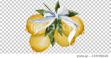 Lemon branch with ribbon bow watercolor composition. Hand drawn tropical sour fruit. Clip art of juicy yellow lime. Citrus on isolated white background. Ideal for logo and packaging of natural Lemon branch with ribbon bow watercolor composition. Hand drawn tropical sour fruit. Clip art of juicy yellow lime. Citrus on isolated white background. Ideal for logo and packaging of natural 134598026