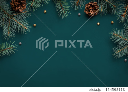 Christmas tree branches and pine cones on green top view 134598118