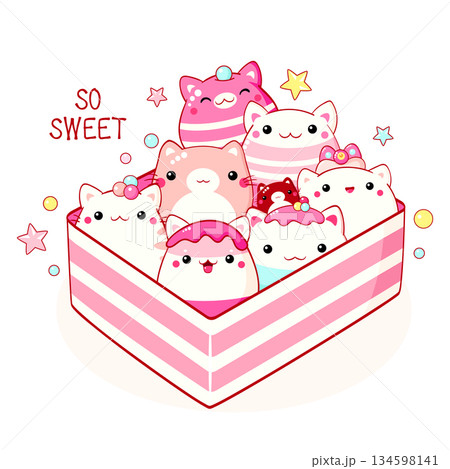 Bento box with cute cat-shaped food characters with smiling face and pink cheeks. Lunchbox set with healthy japanese traditional cuisine dishes. Takeaway homemade snacks. Vector illustration EPS8 134598141