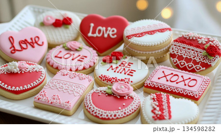 A collection of beautifully decorated Valentine's Day cookies, displaying various shapes and designs, including hearts and "Love" messages. The cookies are arranged on a white tray 134598282
