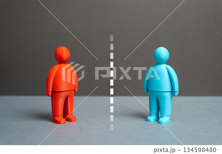 Two people separated by a white line. Misunderstandings and language barriers. Which side to take. Political views and affiliations. Social conflict, isolation, cross-cultural understanding Two people separated by a white line. Misunderstandings and language barriers. Which side to take. Political views and affiliations. Social conflict, isolation, cross-cultural understanding 134598480