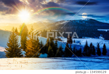 fir trees on snowy hillsides. day and night time change concept. stunning nature scenery in mountains with sun and moon. winter solstice wallpaper. countryside landscape. equality and shift template 134599129