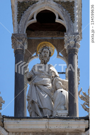 Saint Matthew the Evangelist, marble statue, detail of the facade of the Saint Mark's Basilica, St. Mark's Square, Venice, Italy 134599636
