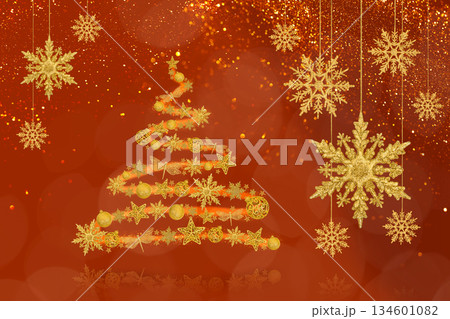 Christmas red background with Christmas tree decorations with a golden snowflake, star and ball and golden lights. New Year and Christmas card. 134601082