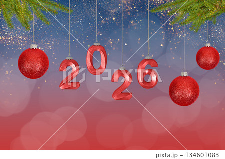 Christmas decorative tree ornaments in the shape of red balls and numerals 2026 on a string on a blue background. Christmas and New Year card for 2026. 134601083
