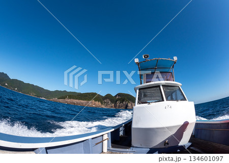 三重県　熊野市　熊野灘に広がる青い海と柱状節理の海岸風景 134601097