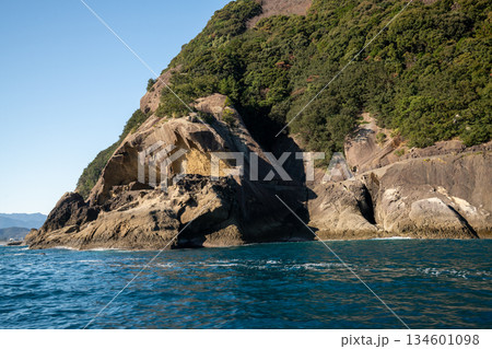 三重県 熊野市 熊野灘に広がる青い海と柱状節理の海岸風景 三重県 熊野市 熊野灘に広がる青い海と柱状節理の海岸風景 134601098