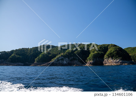 三重県　熊野市　熊野灘に広がる青い海と柱状節理の海岸風景 134601106