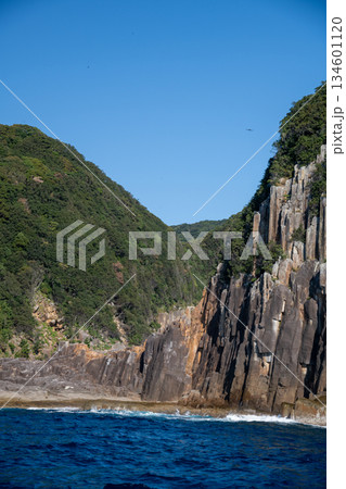 三重県　熊野市　熊野灘に広がる青い海と柱状節理の海岸風景 134601120