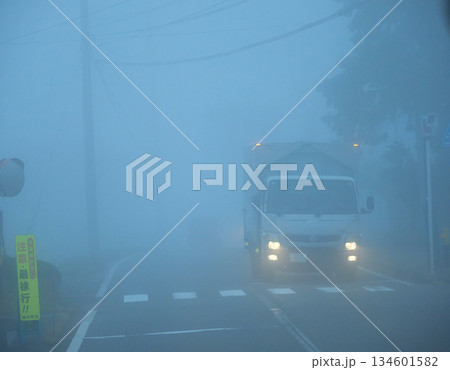 朝の濃霧の天気の中で道路で走る車の様子 134601582