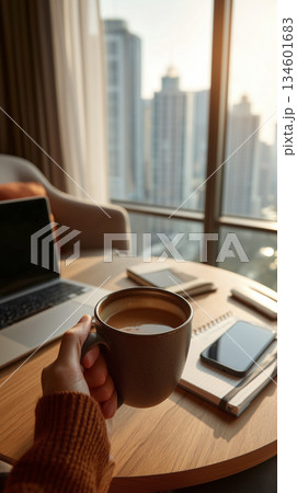 Remote Work Scene, Cozy Digital Nomad Setup, Casual Workspace Featuring Warm Mug And Open Laptop Remote Work Scene, Cozy Digital Nomad Setup, Casual Workspace Featuring Warm Mug And Open Laptop 134601683