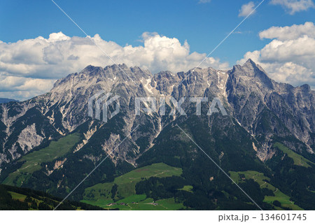 Leogang Mountains Leoganger Steinberge with highest peak Birnhorn, idyllic summer landscape Alps, Zell am See district, Salzburg federal state, Austria Leogang Mountains Leoganger Steinberge with highest peak Birnhorn, idyllic summer landscape Alps, Zell am See district, Salzburg federal state, Austria 134601745