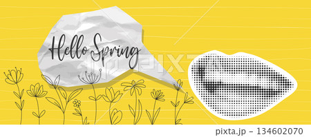 Hello Spring horizontal banner in collage style 134602070