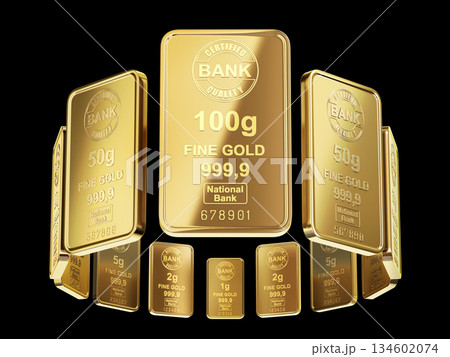 Small gold bars isolated on black background - 3d illustration 134602074