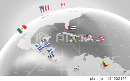 North, Central and South America - countries' borders and flags - 3D illustration 134602135