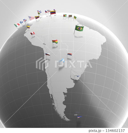 South America countries' borders and flags - 3D illustration 134602137