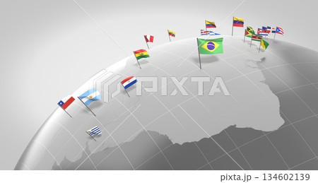 South America countries' borders and flags - 3D illustration 134602139