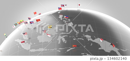 Asia - countries' borders and flags - 3D illustration Asia - countries' borders and flags - 3D illustration 134602140
