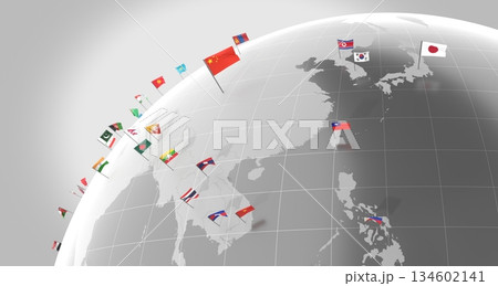 Asia - countries' borders and flags - 3D illustration 134602141