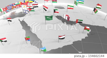 Arab Peninsula - countries' borders and flags - 3D illustration 134602144