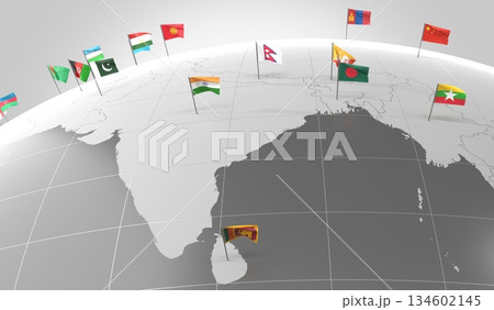 Asia - countries' borders and flags - 3D illustration 134602145