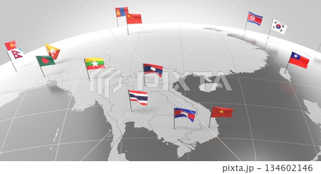 Asia - countries' borders and flags - 3D illustration Asia - countries' borders and flags - 3D illustration 134602146