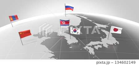 Asia - countries' borders and flags - 3D illustration 134602149