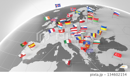Europe - countries' borders and flags - 3D illustration 134602154