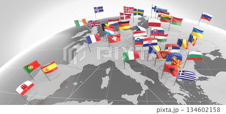 Europe - countries' borders and flags - 3D illustration Europe - countries' borders and flags - 3D illustration 134602158