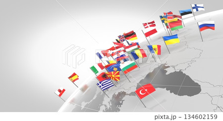 Europe - countries' borders and flags - 3D illustration 134602159