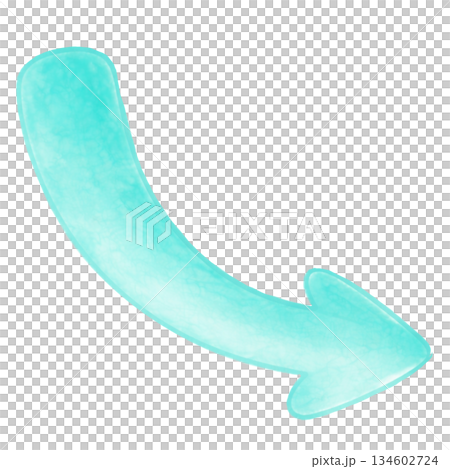 水彩風格的彎曲箭頭指向右下方，亮蒂芙尼藍色，透明背景 134602724