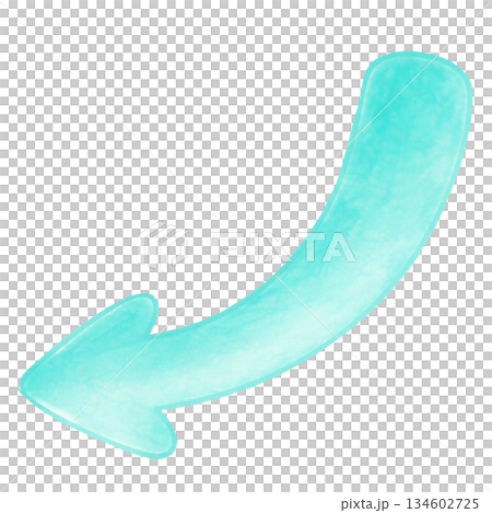 水彩風格的彎曲箭頭指向左下方，亮蒂芙尼藍色，透明背景 134602725