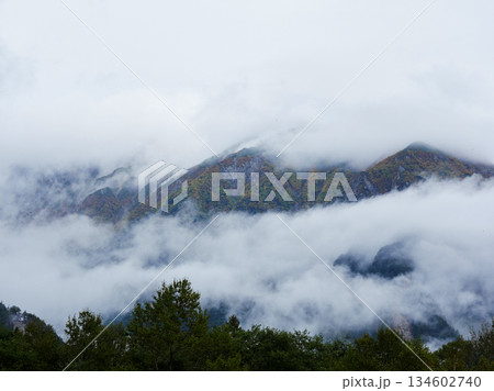 秋の観光名所上高地の森と穂高連峰の霧の風景 秋の観光名所上高地の森と穂高連峰の霧の風景 134602740