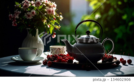 tea with teapot and flowers tea with teapot and flowers 134602906