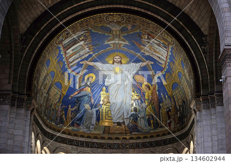 Christ in Majesty is surrounded by the Virgin Mary, Joan of Arc and St. Michael, mosaic by Luc-Olivier Merson, Basilica of the Sacred Heart of Jesus in Paris Christ in Majesty is surrounded by the Virgin Mary, Joan of Arc and St. Michael, mosaic by Luc-Olivier Merson, Basilica of the Sacred Heart of Jesus in Paris 134602944